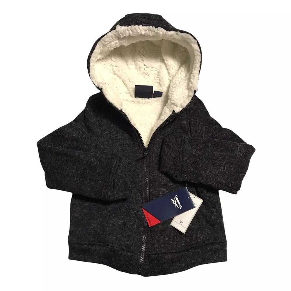 Reebok Little Boys/Girls Knit Jacket Size 4 Black/Gray Warm Sherpa Lining Hooded